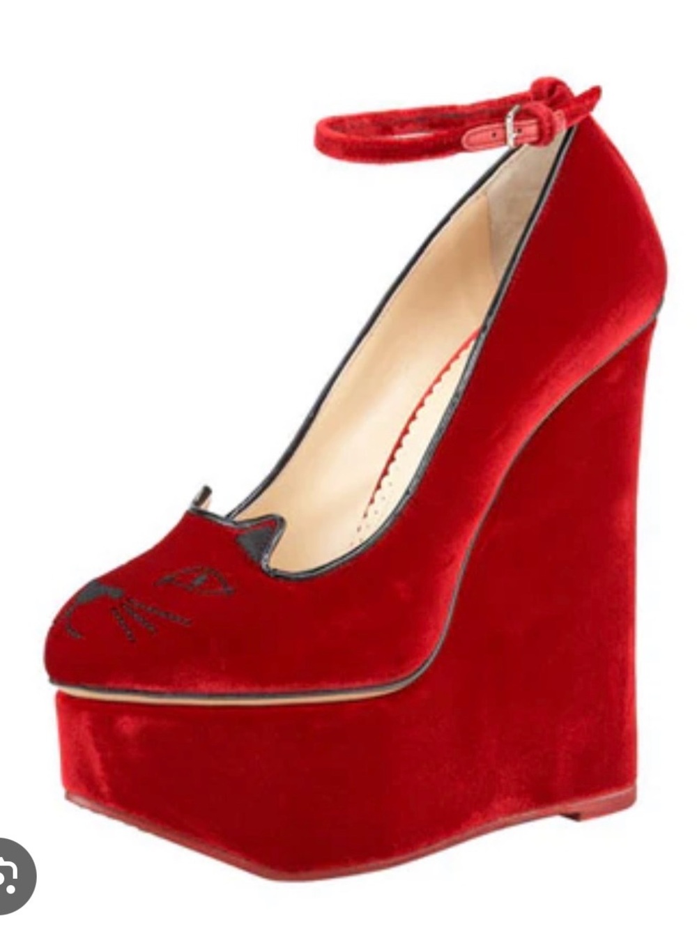 Meow! Charlotte Olympia Kitty Cat Red Velvet Platform Wedge Pumps